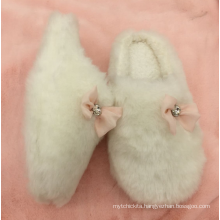 Ivory plush bow shoes women winter home slipper